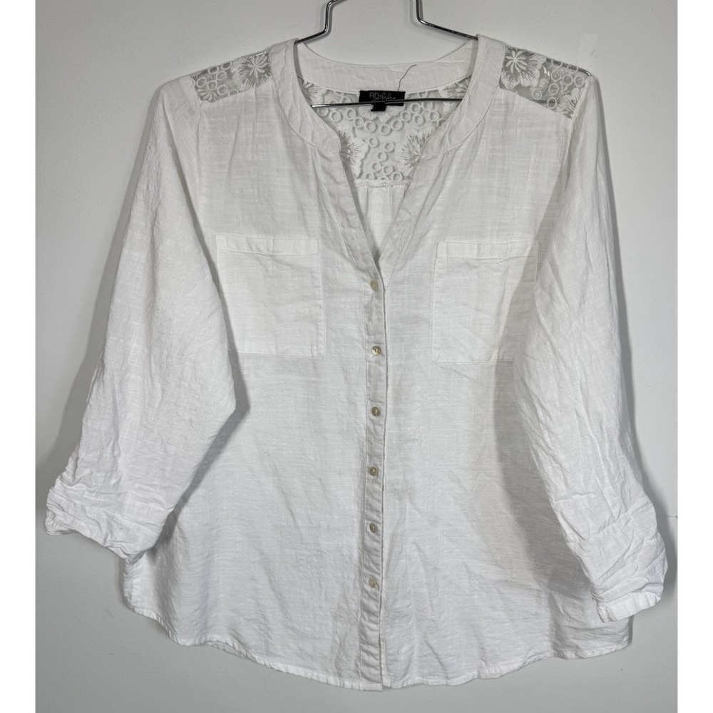 RD & Koko 100% Linen White Button Up Pocket Shirt Embroidered Roll Tab Sleeve 3X